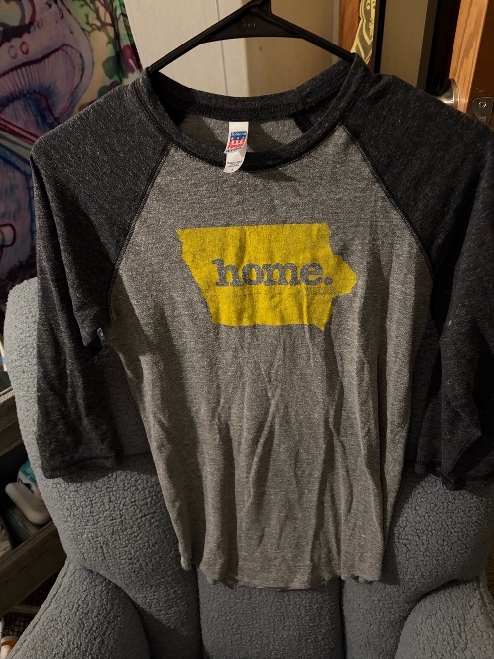 Gray & Black Raglan Tee with Yellow Iowa "home." Graphic